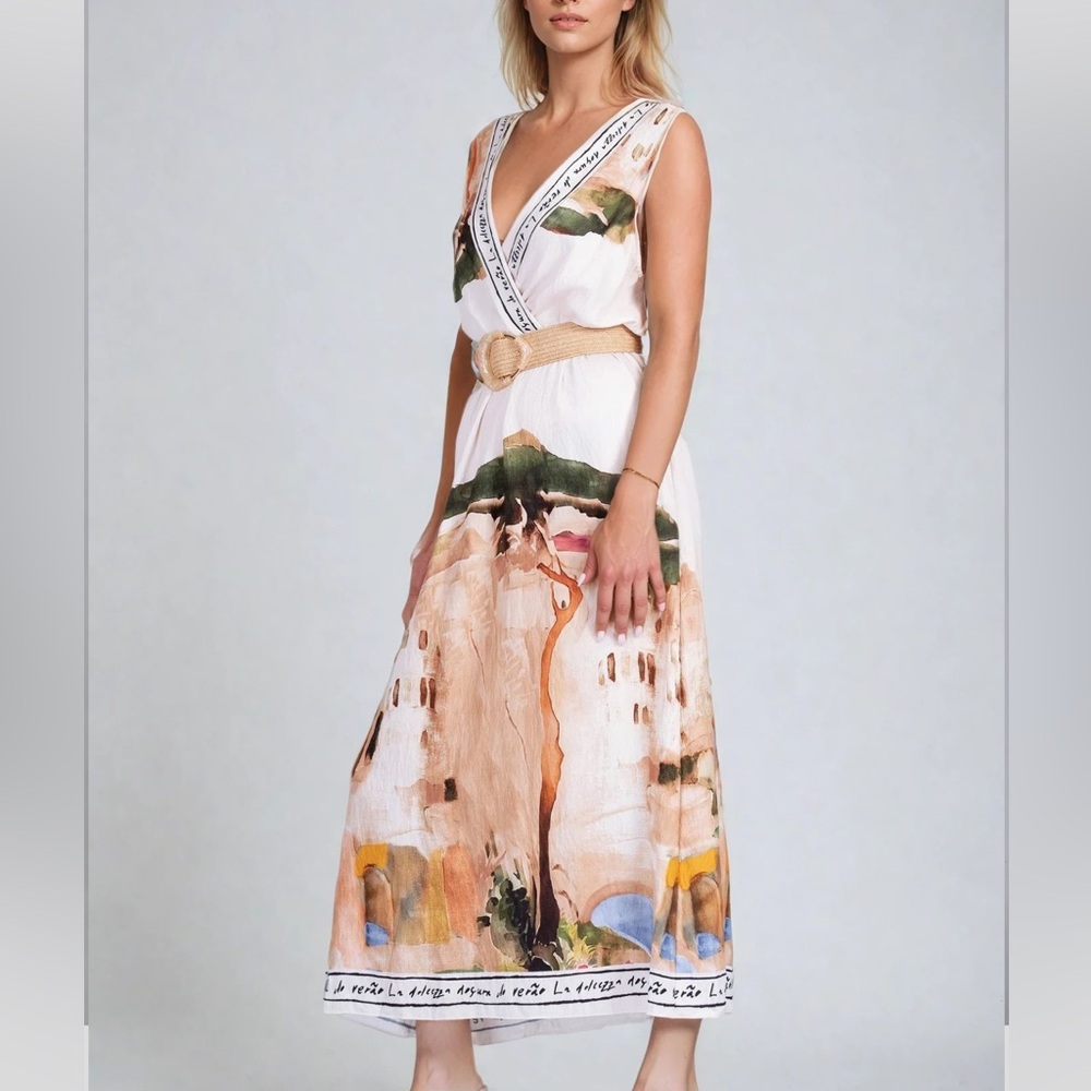 Mediterranean Painting Print Elegant Maxi Dress - Picture 1 of 9